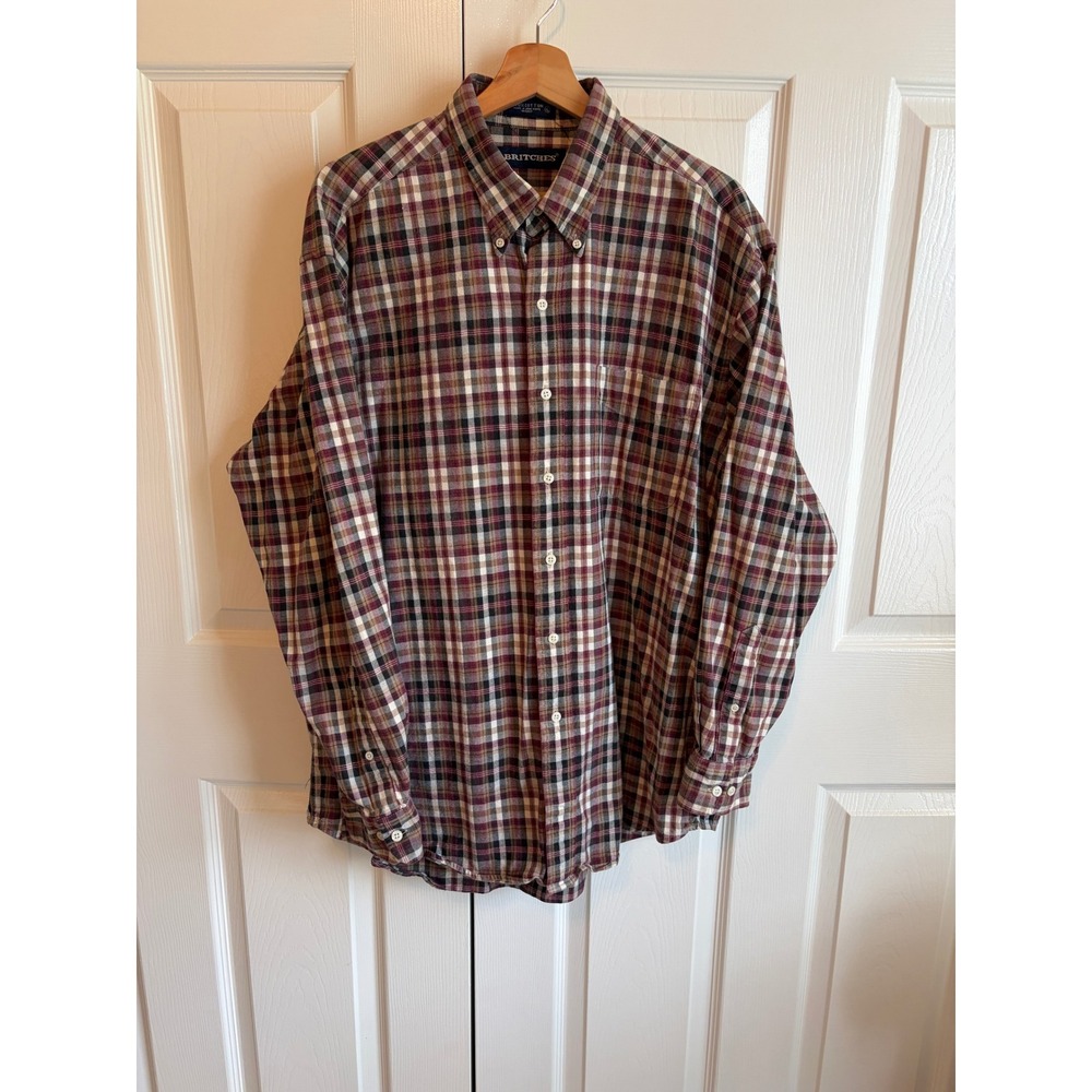 Britches Great Outdoors Mens XL Plaid Cotton Button Down Shirt Burgundy Black